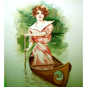 Victorian Art Print 1908 Maud Stumm Women Canoe Boat Original Lithograph 10 X 13